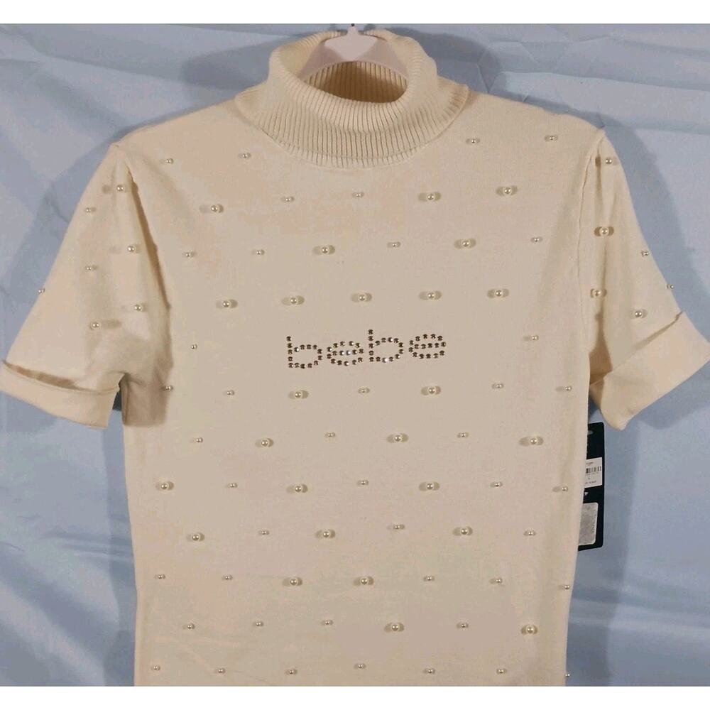 Y2K Bebe Sweater Large Rhinestone Turtleneck White Pearls Logo Super Soft NWT